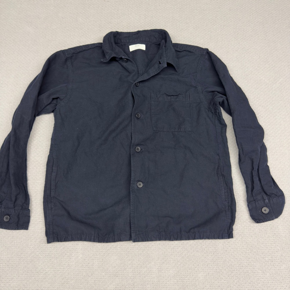 Uniqlo Shirt Mens Medium Navy Blue Cotton Linen Blend Button Down Casual